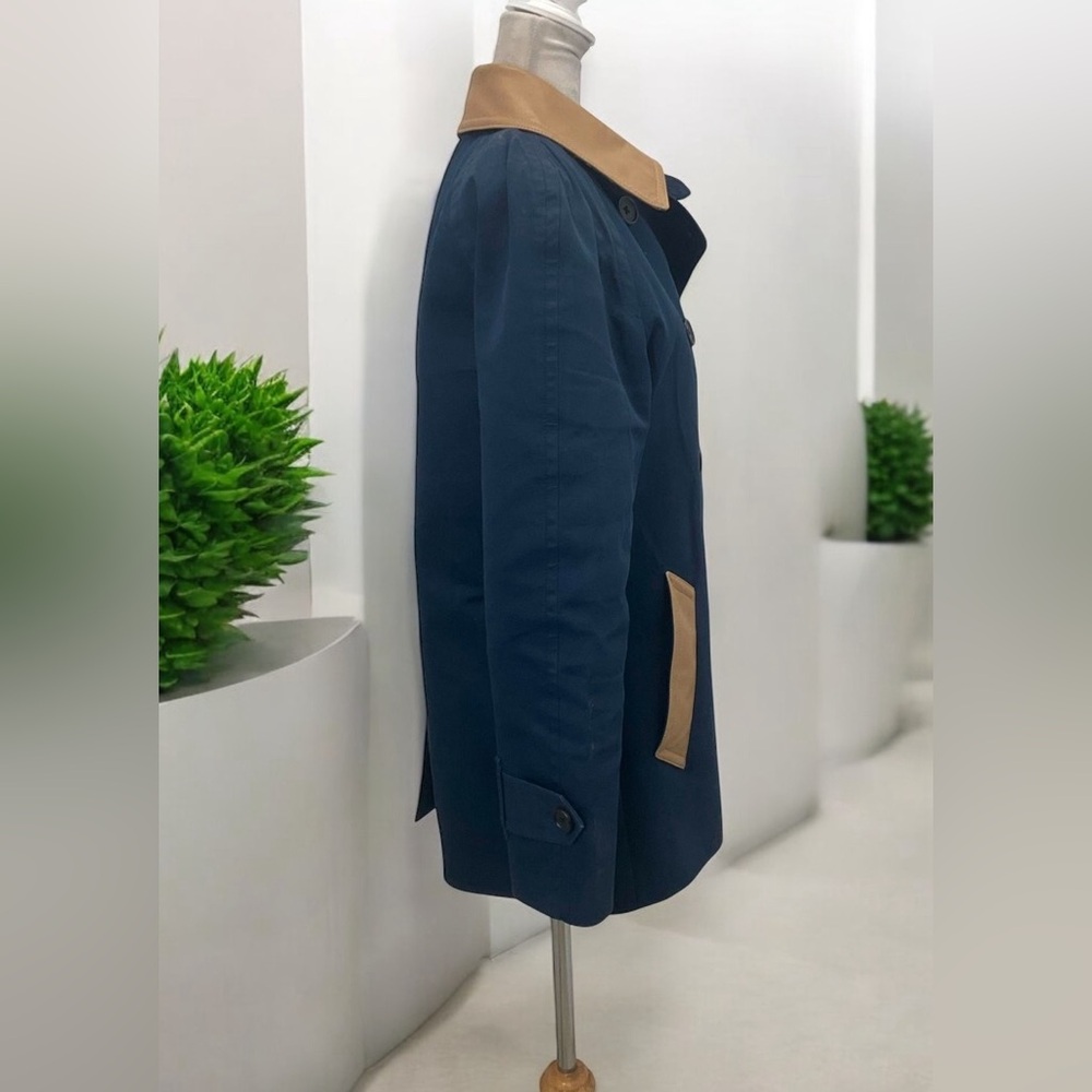 Coach Navy & Tan Leather Trim Double-Breasted Button-Up Coat Size M - Picture 2 of 7